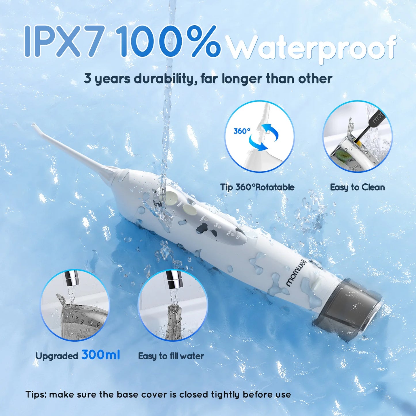 Cordless Portable Water Flosser – 4 Jet Tips, 3 Modes, 300 ml Tank (IPX7 Waterproof)OLD