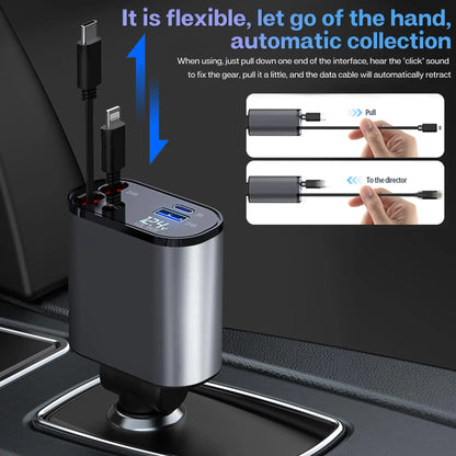 120W & 66W Retractable Car Charger – 4-in-1 Fast Charging Adapter for iPhone, Android & Type-C Devices