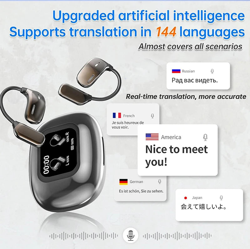 AI Translator Earbuds | Real-Time 144-Language Translation Headphones with LCD Touch Display & Bluetooth 5.3