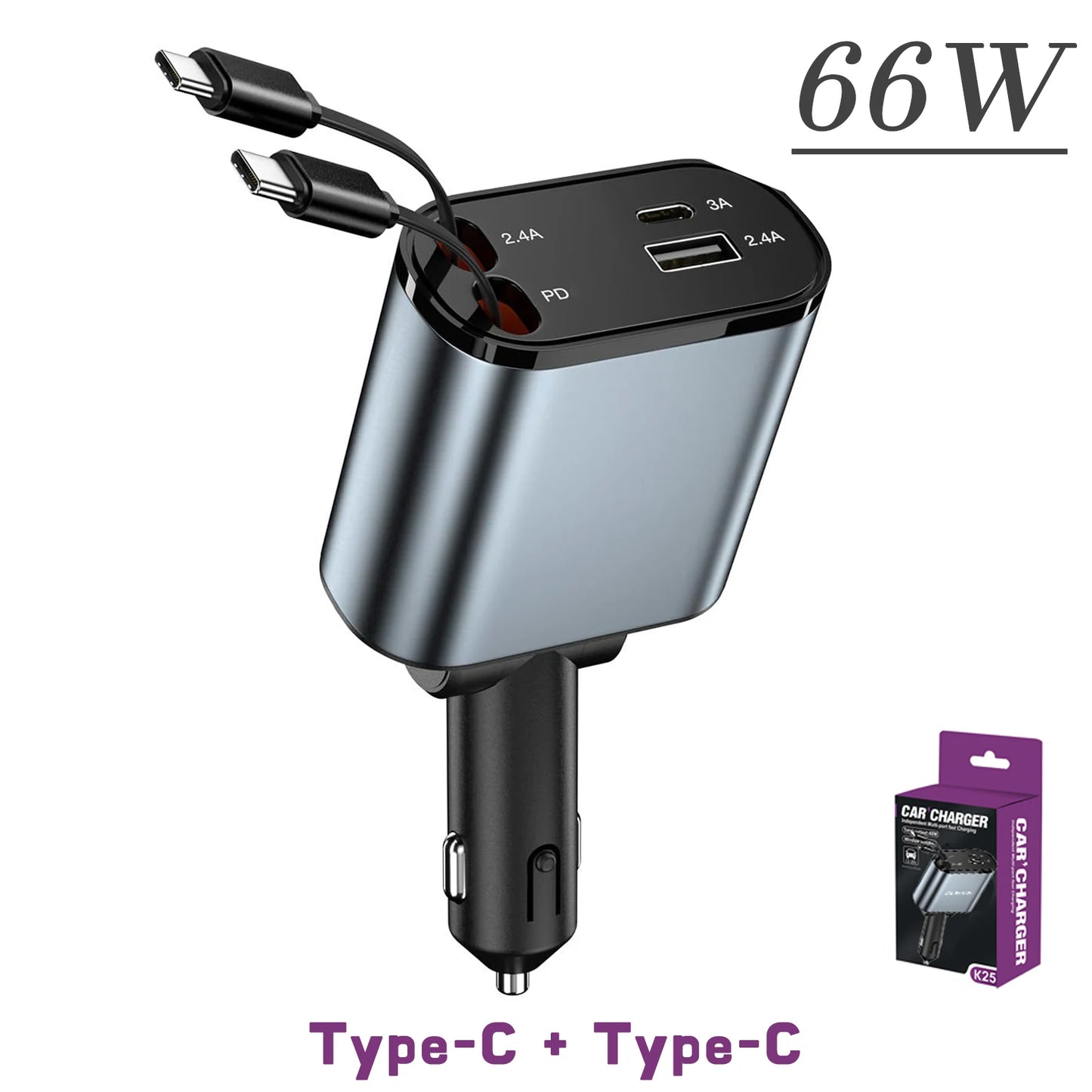 120W & 66W Retractable Car Charger – 4-in-1 Fast Charging Adapter for iPhone, Android & Type-C Devices