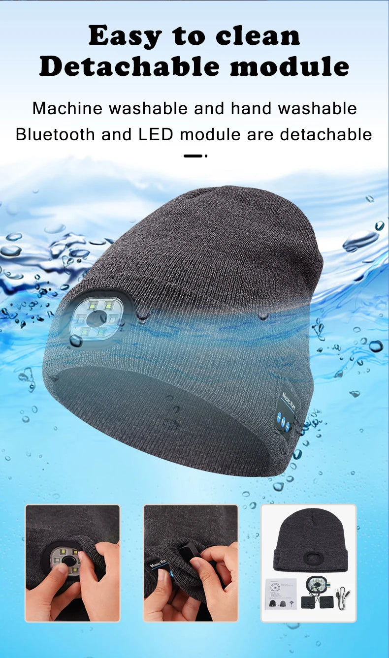 LED Bluetooth Beanie Hat – Wireless Stereo Speakers & Rechargeable Light for Outdoor Sports & Winter Wear