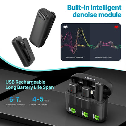 Professional Wireless Lavalier Microphone Kit - Dual Clip-On Mini Mics with Charging Case (iPhone & Android)