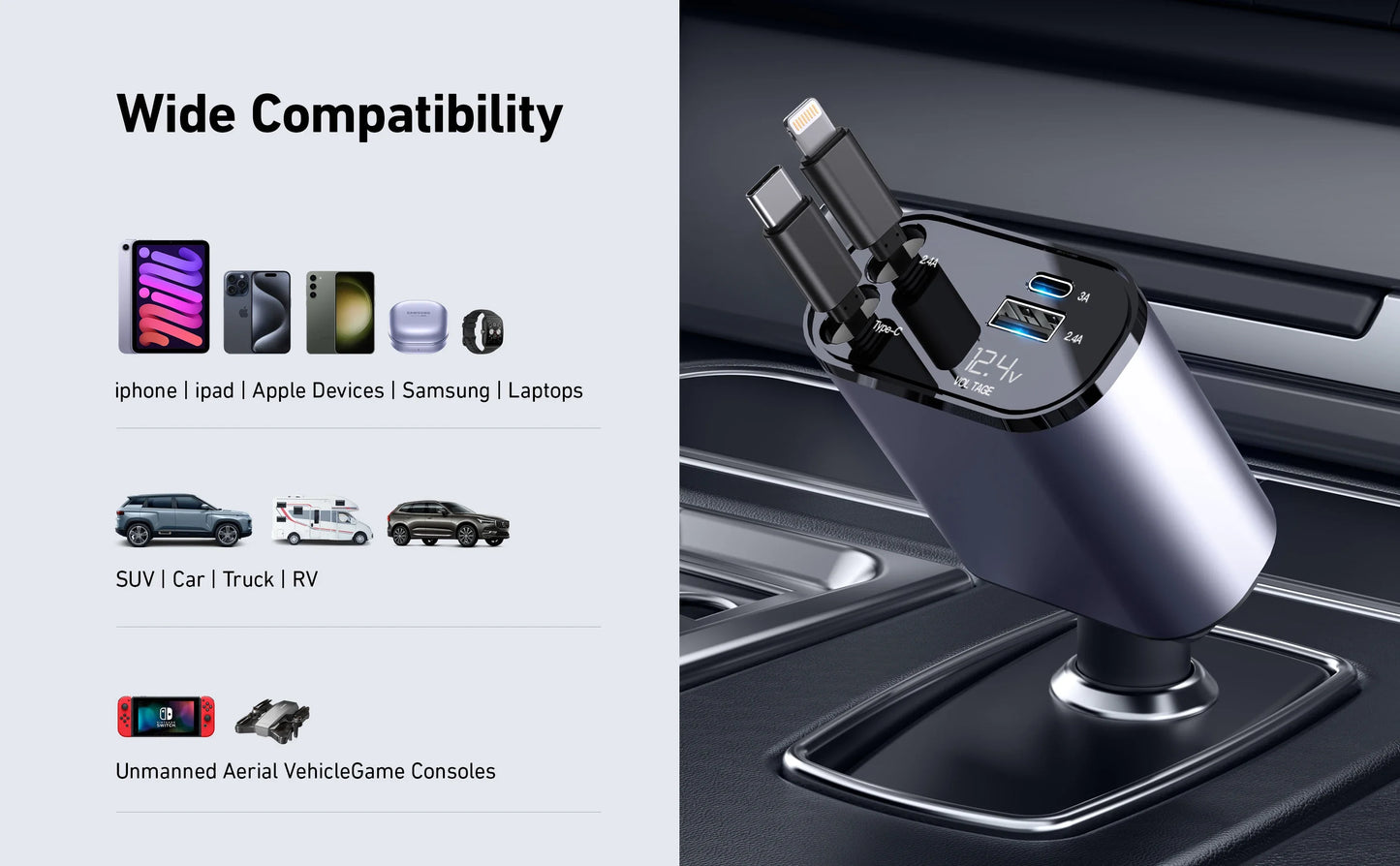 120W & 66W Retractable Car Charger – 4-in-1 Fast Charging Adapter for iPhone, Android & Type-C Devices