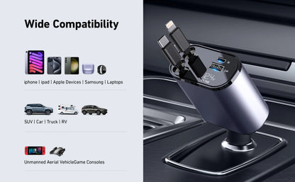 120W & 66W Retractable Car Charger – 4-in-1 Fast Charging Adapter for iPhone, Android & Type-C Devices