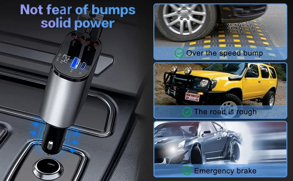 120W & 66W Retractable Car Charger – 4-in-1 Fast Charging Adapter for iPhone, Android & Type-C Devices