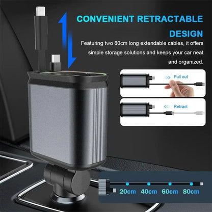 4-in-1 Retractable Car Charger with LED Spotlight - Universal Fast Charger