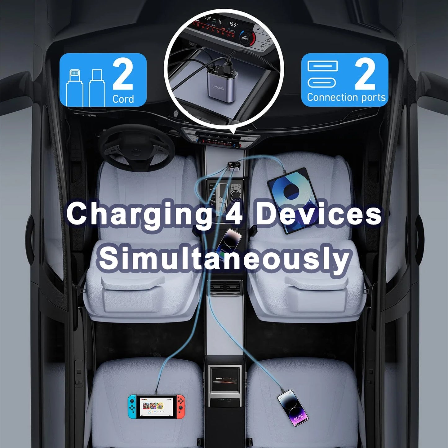 120W & 66W Retractable Car Charger – 4-in-1 Fast Charging Adapter for iPhone, Android & Type-C Devices