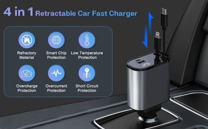 120W & 66W Retractable Car Charger – 4-in-1 Fast Charging Adapter for iPhone, Android & Type-C Devices