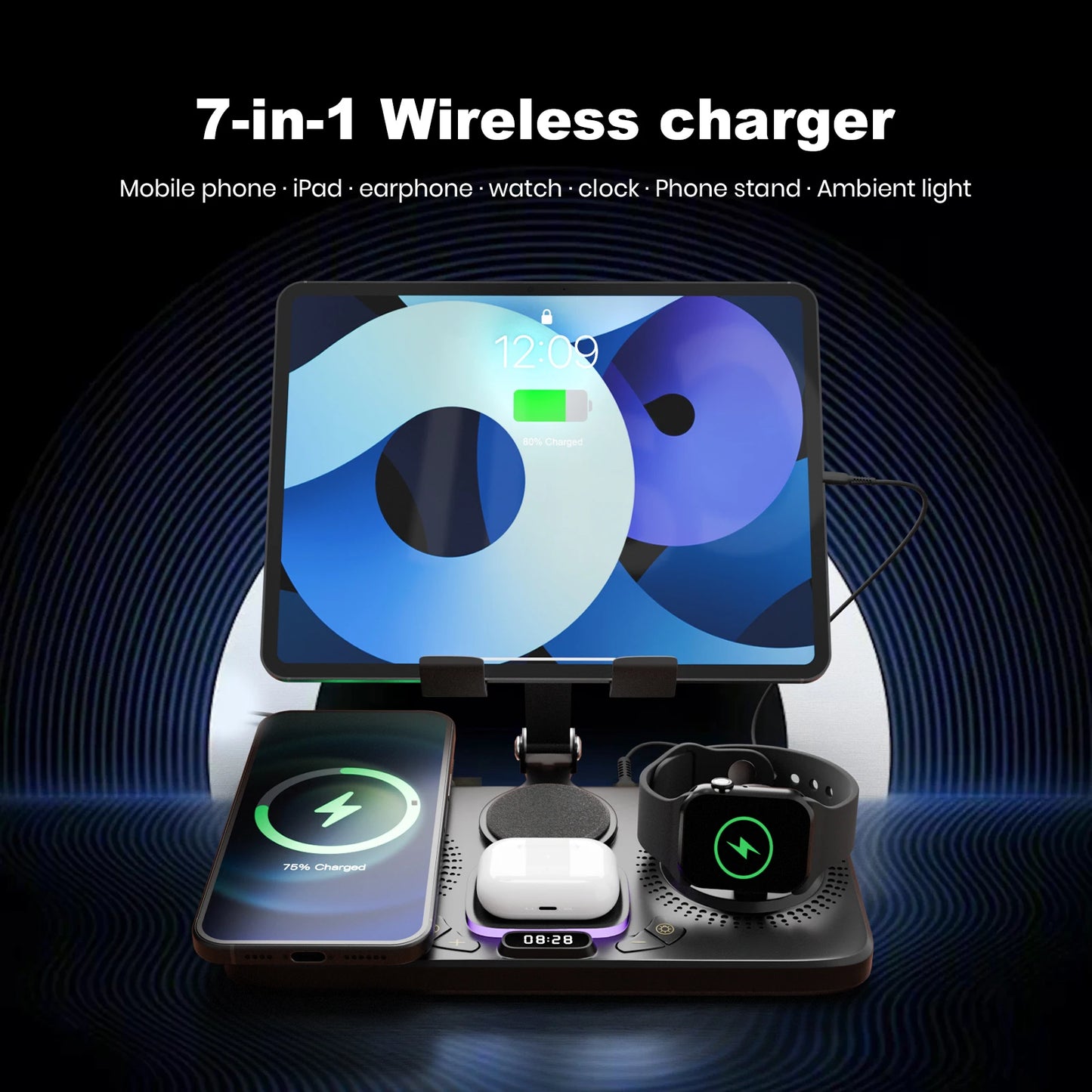 7-in-1 Multi-Device Charging Station for iPad, iPhone, Watches & Air Pods