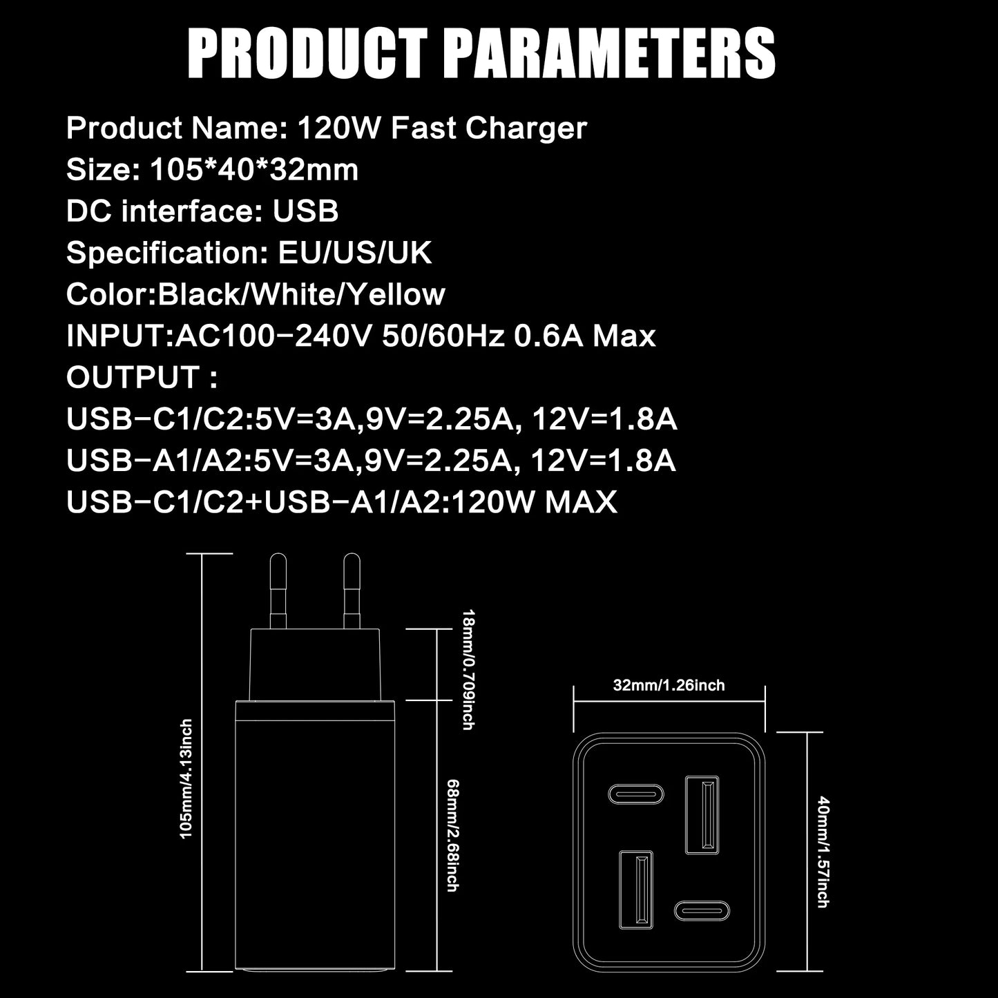 120W 4-Port USB Wall Charger – Type-C Fast Charging Adapter for iPhone, Samsung, & More