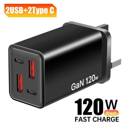 120W 4-Port USB Wall Charger – Type-C Fast Charging Adapter for iPhone, Samsung, & More