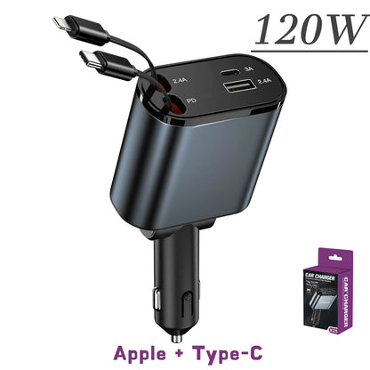120W & 66W Retractable Car Charger – 4-in-1 Fast Charging Adapter for iPhone, Android & Type-C Devices