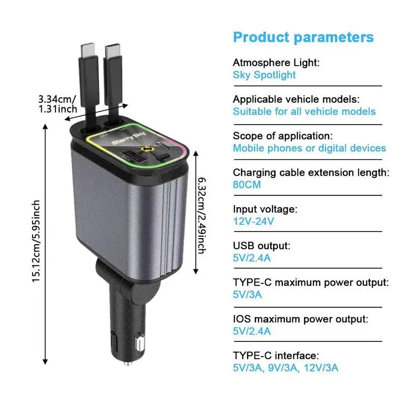 4-in-1 Retractable Car Charger with LED Spotlight - Universal Fast Charger