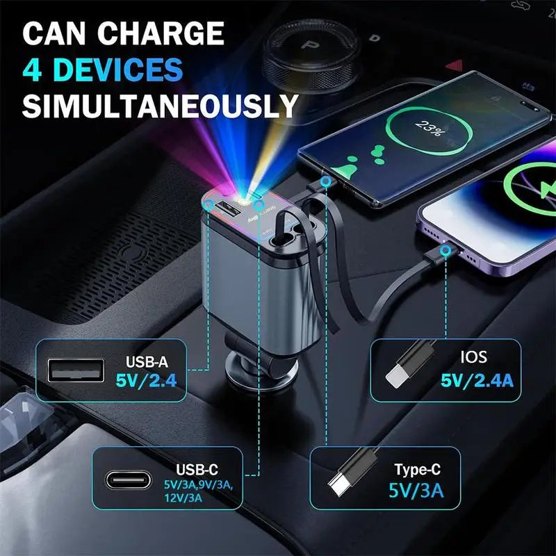 4-in-1 Retractable Car Charger with LED Spotlight - Universal Fast Charger