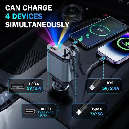 4-in-1 Retractable Car Charger with LED Spotlight - Universal Fast Charger