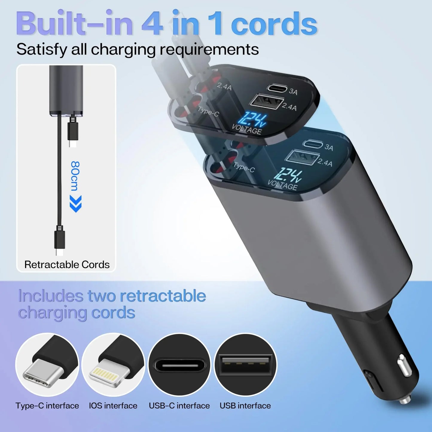 120W & 66W Retractable Car Charger – 4-in-1 Fast Charging Adapter for iPhone, Android & Type-C Devices