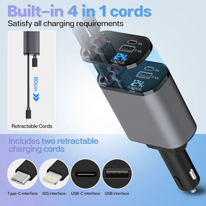 120W & 66W Retractable Car Charger – 4-in-1 Fast Charging Adapter for iPhone, Android & Type-C Devices