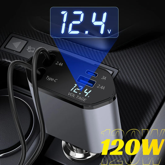 120W & 66W Retractable Car Charger – 4-in-1 Fast Charging Adapter for iPhone, Android & Type-C Devices