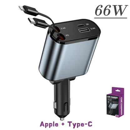 120W & 66W Retractable Car Charger – 4-in-1 Fast Charging Adapter for iPhone, Android & Type-C Devices