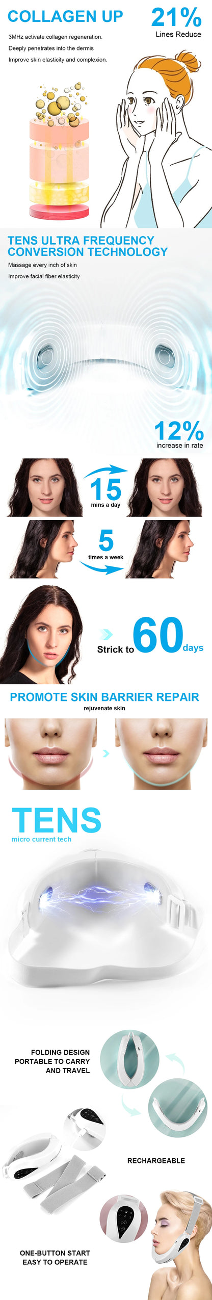 EMS Face Lift Massager with LED Light Therapy & Vibration - Anti-Aging Skin Tightening Device.