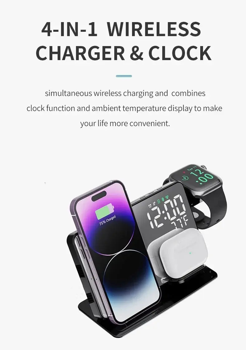 4 In 1 Wireless Charger Stand Alarm Clock Temperature Fast Charging Dock Station for Samsung S23 S22 and Galaxy Watch