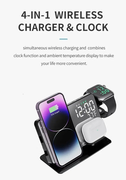 4 In 1 Wireless Charger Stand Alarm Clock Temperature Fast Charging Dock Station for Samsung S23 S22 and Galaxy Watch