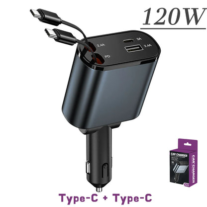 120W & 66W Retractable Car Charger – 4-in-1 Fast Charging Adapter for iPhone, Android & Type-C Devices