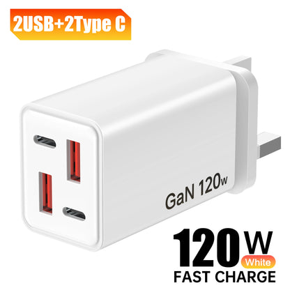 120W 4-Port USB Wall Charger – Type-C Fast Charging Adapter for iPhone, Samsung, & More