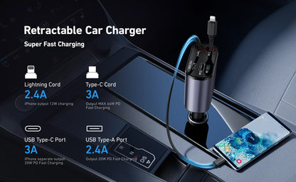 120W & 66W Retractable Car Charger – 4-in-1 Fast Charging Adapter for iPhone, Android & Type-C Devices