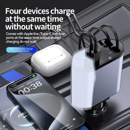 120W & 66W Retractable Car Charger – 4-in-1 Fast Charging Adapter for iPhone, Android & Type-C Devices