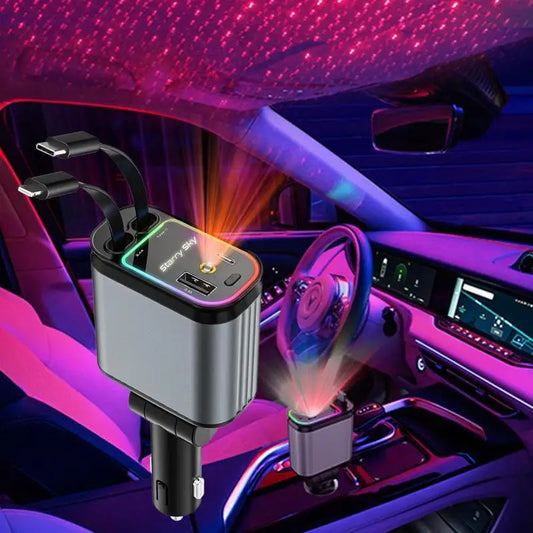 4-in-1 Retractable Car Charger with LED Spotlight - Universal Fast Charger