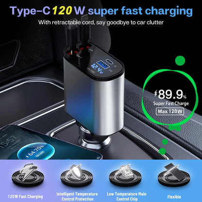 120W & 66W Retractable Car Charger – 4-in-1 Fast Charging Adapter for iPhone, Android & Type-C Devices