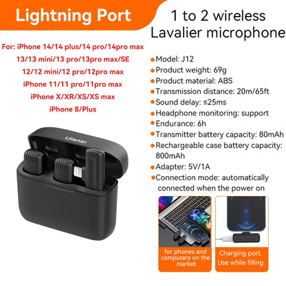 Professional Wireless Lavalier Microphone Kit - Dual Clip-On Mini Mics with Charging Case (iPhone & Android)