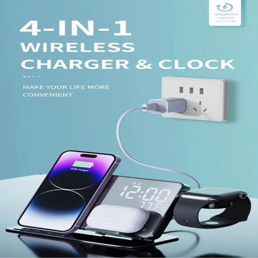 4 In 1 Wireless Charger Stand Alarm Clock Temperature Fast Charging Dock Station for Samsung S23 S22 and Galaxy Watch